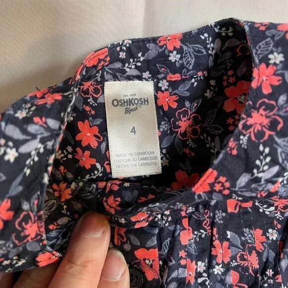 OSHKOSH B'Gosh Girls 4 Top Shirt Pleated Front Navy Blue Pink Floral Print - Picture 8 of 9